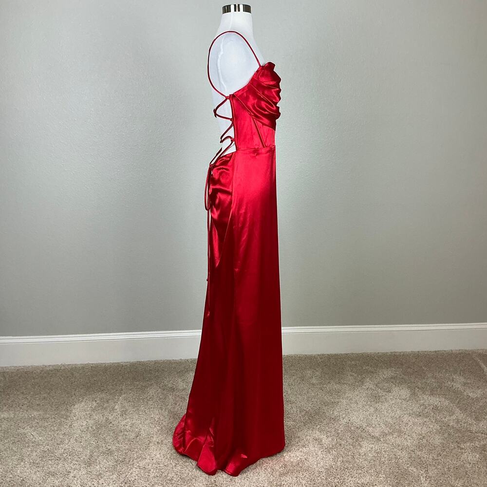 Blondie Nites Red Evening Gown Satin Backless Long Formal Column Dress Size 13 - Picture 5 of 12